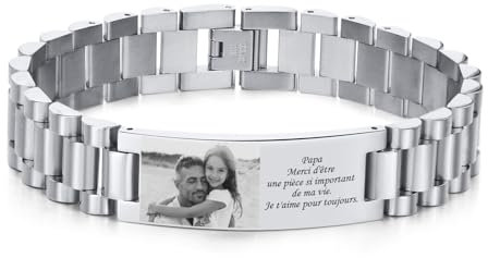 Personalisierte Armband Herren mit Photo Gravur - Verstellbare Edelstahl Armband mit Knebelverschluss, Hochwertiges Herrenarmbänder für Männer Geschenke für Papa Opa Bruder Ehemann (Silber)