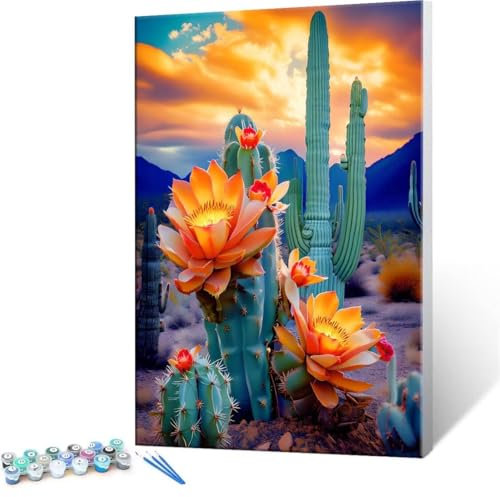 QIANLUOO Malen nach Zahlen Erwachsene, Malen nach Zahlen Kaktus DIY Handgemalt Ölgemälde Kit Paint by Numbers Adult Mit 3 Pinseln und Acrylfarbe Knitterfreie Leinwand Kit - 90x120cm (Rahmenlos) Y-384