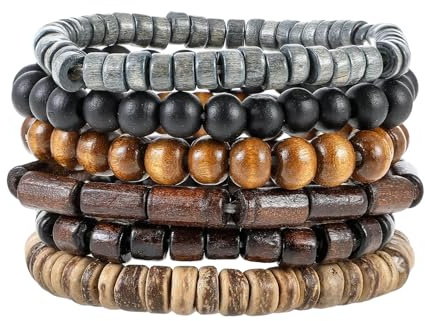 GAUEIOUR Set di 6 braccialetti da uomo con perline di legno multistrato in stile gotico, regolabile, elastico, naturale, retrò, punk, meditazione, preghiera, bracciale avvolgente, 0, Legno, Nessuna
