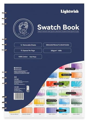 LIGHTWISH Watercolor Swatch Book - 12 Detachable Sheets 100% Cotton 72 Spaces,15.35 * 10.63 in,300gsm/140lb Hot Press for Watercolor, Gouache, Oil Pastels - Spiral-Bound Color Testing Journal(Blue)