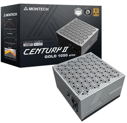 MONTECH Century II Bloc d'alimentation de Jeu ATX Haut de Gamme 1050 W 80 Plus Gold & Cybenetics Platinum, entièrement modulaire, ATX 3.1 et PCIe 5.1 avec câble 12 V-2 x 6