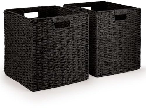 Woodluv Set of 2 Storage Cube Baskets, Wardrobe Organiser Toy Storage Baskets for Shelves, Black, 30 x 28 x 30 cm