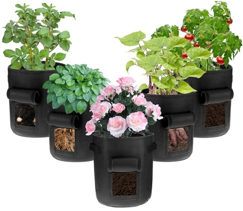 QWORK® 5 Stück 10-Gallonen Kartoffelpflanzsäcke, Schwarz Pflanzsack mit Erntefenster, für Gartenarbeit, Gemüse