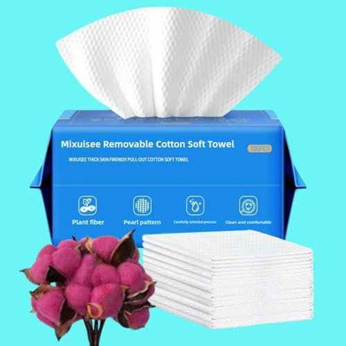 Disposable face towels,MIXUISEE soft and cleaning - face towels. 100% pure cotton, super thick 130%. Suitable for makeup removal and cleansing. (100 sheets)