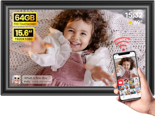 64GB 15.6 Frameo Digital Picture Frame WiFi, Large Electronic Photo Frames 1920 x 1080 IPS FHD Touch Screen, Send Photos from Your Phone from Anywhere, Best Gifts for Parents and Grandparents