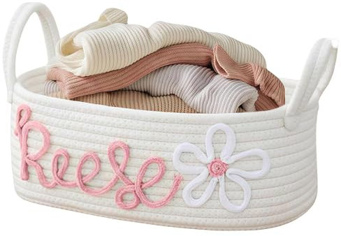RVUEM Personalisierter Babykorb Mit Namen, Individuell Geflochtener Korb Aus Baumwolle, Aufbewahrungskorb FüR Babyspielzeug Und Kinderzimmer, FüRs Kinderzimmer, Geburtstagsgeschenk,32 * 15 * 11cm