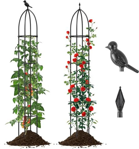 COSTWAY Lot de 2 Treillis Obélisque de Jardin pour Plantes, Support pour Plantes Grimpantes en Métal Antirouille Hauteur Réglable Mangeoire à Oiseaux, pour Vigne Fleurs Légumes (30 x 197 cm)
