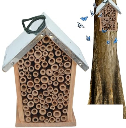 Bienenhotel – Insektenheim aus Naturholz | Dekorativer Bestäuber-Lebensraum für Marienkäfer, Schnürsenkel und nützliche Insekten im Garten, Hinterhof, Balkon,
