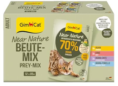 GimCat Near Nature Probier-Mix 12er - Getreidefreies Nassfutter für Katzen ab dem 7. Monat mit artgerechter und beutenaher Rezeptur - 12 Beutel (12 x 85 g)