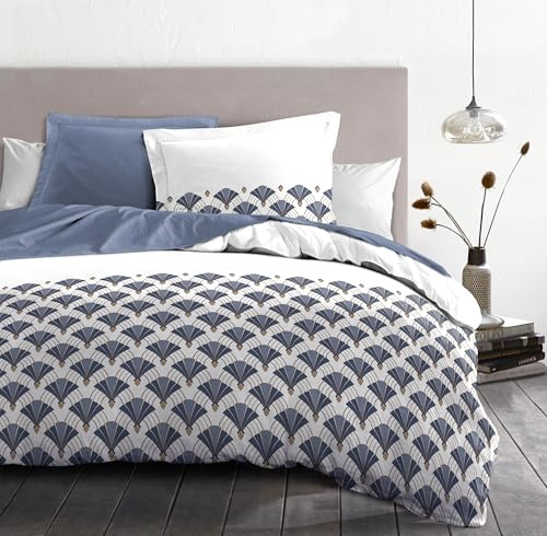 Duvet Cover Set 240 x 260 cm – 3 Pieces – Soft Cotton Percale – Duvet Cover + Pillowcases – White & Blue – L'Elegant