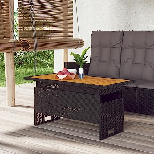 HaoChrymec Gartentisch Schwarz mit Massivholz Akazie, PE-Rattan, Höhenverstellbare Tischplatte, Wetterfest, Balkon Tisch, Beistelltisch Outdoor, Loungetisch Outdoor, 100 x 50 x 43/63 cm