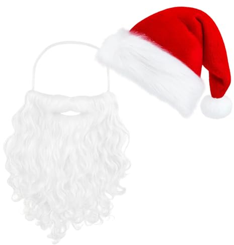 SongBuydn Weihnachtsmann KostüM, 2-Teiliges Set Mit WeihnachtsmüTze Und Bart, WeihnachtsmüTze Mit Bart Erwachsene Weihnachtsmann Bart
