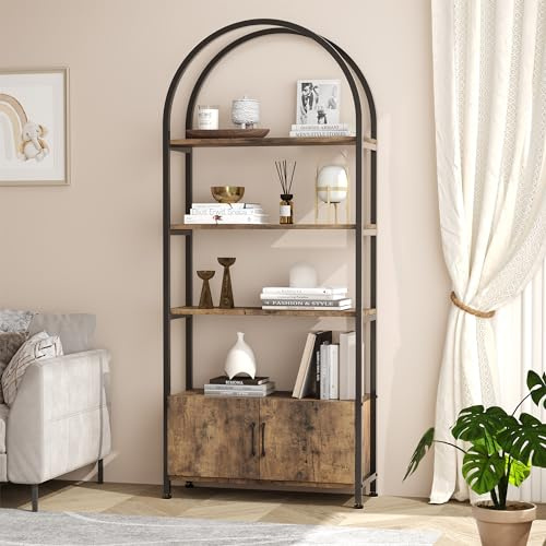 JOLLYTOP Bücherregal Mit Schrank, Bogenregal Mit Stahlrahmen, Industrielles Präsentationsregal, Aufbewahrungsregal Aus Metall Und Holz, Für Wohnzimmer, Homeoffice, Schlafzimmer, Vintagebraun