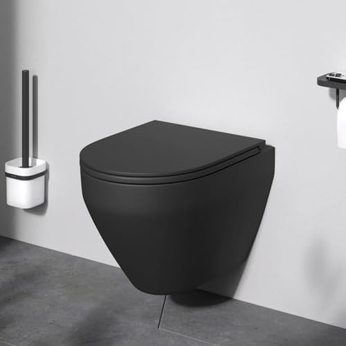 AM.PM Spirit – Wand WC spülrandlos | Hänge WC mit Toilettendeckel mit Absenkautomatik | Duroplast Klo Sitz | Spülrandloses Hänge WC Set | Kompatibel mit Vorwandelement & Gäste WC | Schwarz 48,5 cm