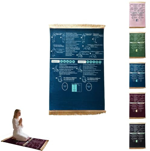 Generisch Zweisprachiger Gebetsteppich für Muslime, Islamischer Lernteppich mit Schritt-für-Schritt Salah-Anleitung, Weiche rutschfeste Gebetsmatte für Erwachsene und Kinder (Blau, 70 x 110 cm)