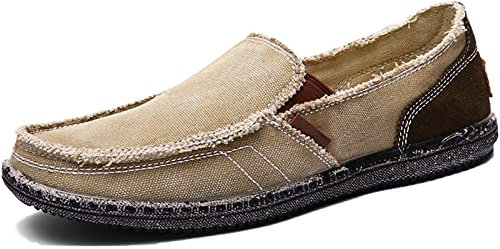 CASMAG Zapatos casuales de tela para hombre, mocasines de lona para ocio, vintage, zapatos planos náuticos, Caqui, 37 EU