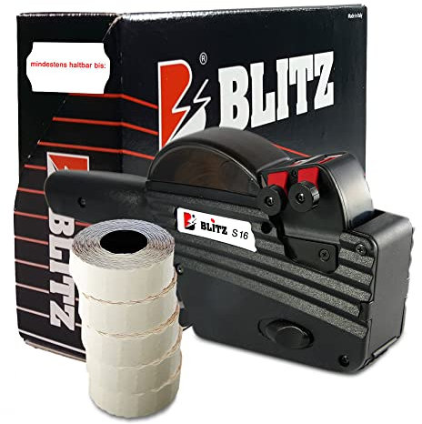 Preisauszeichner Set Blitz S16 inkl. 5 Rollen 26x16 Preisetiketten - weiss permanent | Aufdruck: mindestens haltbar bis | HUTNER