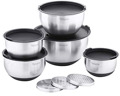 Velaze Edelstahl Schüssel Set, 5 Stück Salatschüssel mit Deckel, Rührschüssel mit 3 Reibeneinsatz, Rutschfester Silikonboden, 5L+3L+2L+1.5L+1L Verschiedene Größen für Verschiedene Bedürfnisse, VQS-5