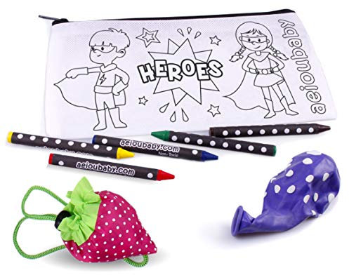 aeioubaby.com 30 Federmäppchen zum Ausmalen + Wiederverwendbare Tasche | 30 einzelne Taschen mit 5 bunten Wachsmalstiften und Luftballon | Geschenk Kinder auf Festen und Geburtstagen (Helden)