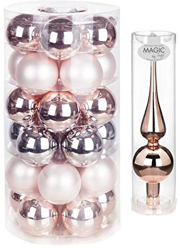 Inge Glas Weihnachtskugeln | 30 Kugeln & Spitze | Christbaumkugeln Baumspitze (Glowing Rose Spitze Rosegold)