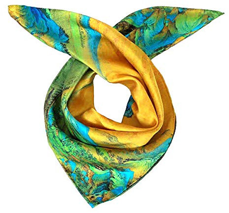 ANDANTINO Schal aus 100 % reiner Maulbeerseide, quadratisch, 68 cm, für Damen und Herren, Naturseide, digital bedruckt, Kopftuch, Gelb-Landschaft, Medium