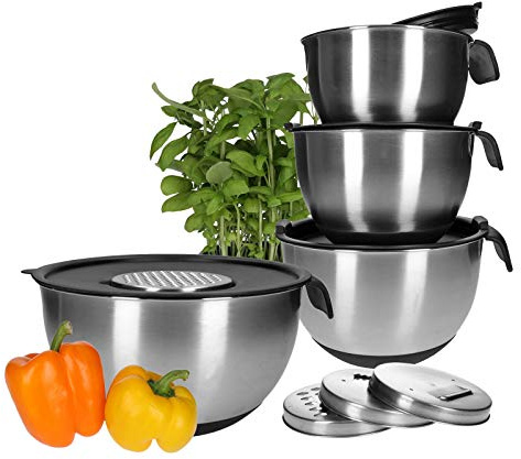 Saladier Bol mélangeur en acier inoxydable 18/10, avec poignée et bec verseur, incluant couvercles et 4 râpes à légumes, graduation intérieure, fond en silicone antidérapant (13 pièces avec poignée).