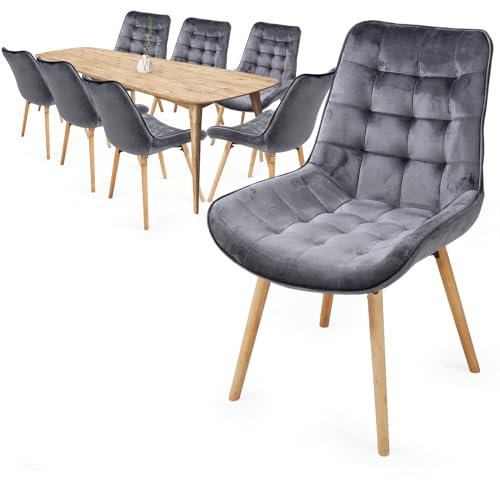 MIADOMODO® Esszimmerstühle - Farbwahl, 2/4/6/8 Set, Sitzfläche aus Samt, gepolstert, Beine aus Buchenholz, mit Rückenlehne - Polsterstuhl, Küchenstuhl, Retrostuhl, Wohnzimmerstuhl (Dunkelgrau, 8er)