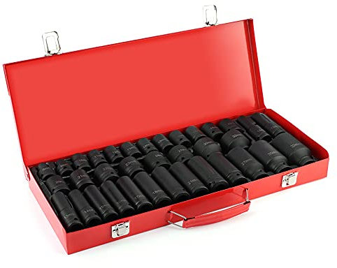 Jeu de douilles hexagonales 1/2 , 35pcs douilles à chocs profonds Jeu d'outils d'entraînement métrique Garage Workshop 8-32mm, prise hexagonale à 6 points à impact profond