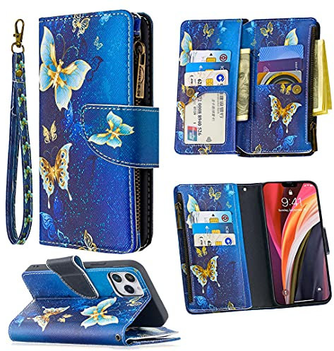 nancencen für iPhone 12 / iPhone 12 Pro (6.1) Handyhülle, Stoßfeste Etui Premium Druck PU Lederhülle Reißverschluss Portemonnaie Stil Flip Cover Schutzhülle - Goldener Schmetterling
