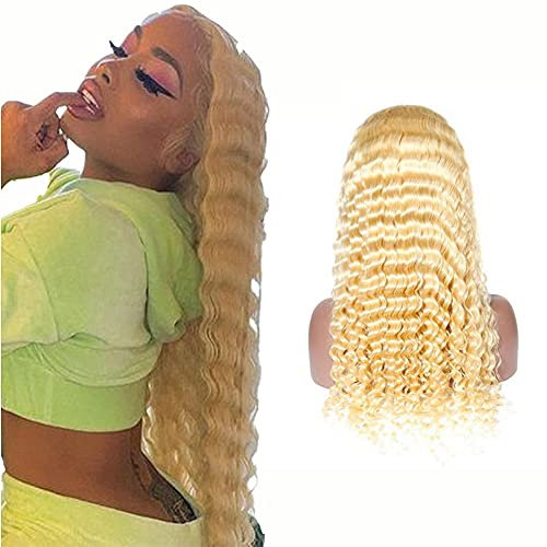 YesJYas Blonde Perücke Echthaar 613 T Shape Front Lace Wig Deep Wave Wigs 13x4x1 Middle Part Pre Plucked Bleached Knots Remy Brazilian Lace Wigs With Boby Hair 20 Zoll