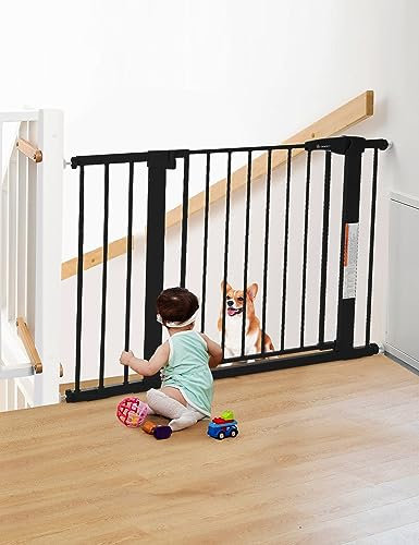 COMOMY 75-110cm Treppenschutzgitter Ohne Bohren, Türschutzgitter Auto Close, Türgitter für Baby, Kinder, Hund und Katze, Absperrgitter 90° Stop/inkl. 3 Verlängerung (76cm Hoch, Schwarz)