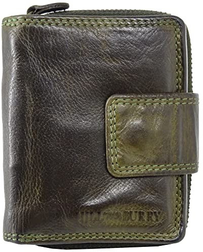 Hill Burry Damen-Geldbörse | Frauen-Portemonnaie echtes Leder Waschleder | Kleine sichere RFID Damengeldbörse | Geldbeutel viele Kredit-Karten-Fächer | Slim-Wallet Münzenfach (Grün)