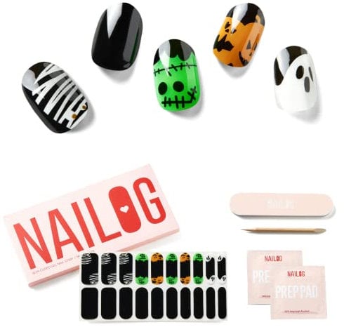 NAILOG Semi Cured Gel Nail Strips (20Pcs Extra Long Stickers/Wraps) | Glossy & Long Lasting Soft Gel Finishing | Little Monsters