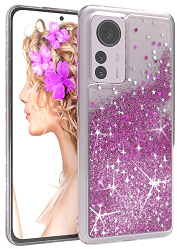 EAZY CASE Hülle kompatibel mit Xiaomi 12 Pro Schutzhülle mit Flüssig-Glitzer, Handyhülle, Schutzhülle, Back Cover mit Glitter Flüssigkeit, TPU/Silikon, Transparent/Durchsichtig, Lila