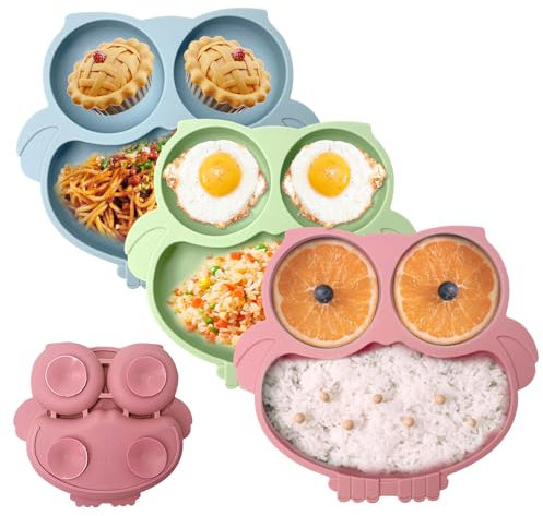Assiettes en Silicone avec Ventouse pour Bébé Lot de 3 Assiettes à Ventouse,Vaisselle Set avec 3compartiments Incassable Divisées Passe au Lave Sans BPA Passe au lave-vaisselle et au Micro-ondes