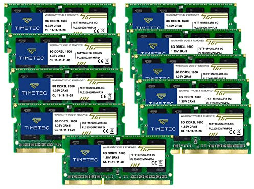 Timetec 80GB Kit (10x8GB) DDR3L / DDR3 1600 MHz (DDR3L-1600) PC3L-12800 / PC3-12800 sin ECC sin búfer 1.35 V/1.5 V CL11 2Rx8 Dual Rank 204 Pin SODIMM Memoria RAM Laptop PC
