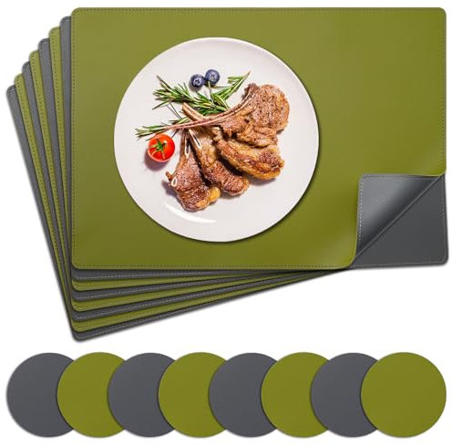 NOSTHEART Tischsets Abwaschbar 8er Set, Platzsets Abwischbar Tischsets Leder Hitzebeständig rutschfest Platzdeckchen mit Untersetzer Rund, Doppelseitigen Mit Randnähten, Grün Grau