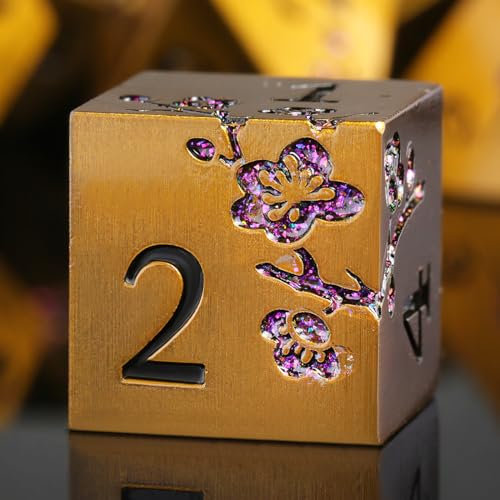 DNDND Flower Metal DND Dice, 7 PCS Heavy Solid Metallic Dragon Dice Set with Grogeous Gift Case for D&D Dungeons and Dragon Tabletop Game (Ancient Brass)