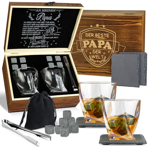 FTUREERA Geschenke für Papa, Vatertagsgeschenk Whisky Geschenkset, Whiskygläser Set für Männer mit 2 Whiskey-Gläsern und 8 Whiskey-Steinen, 2 Untersetzer und Zange, Geschenke für Vatertag Geburtstag