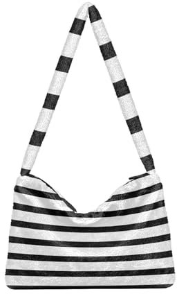 Weiß Schwarz Gestreifte Schulter Tote Taschen für Frauen Furry Crossbody Tasche Hobo Handtasche Geldbörsen für College Reisen Arbeit, Weiß Schwarz gestreift, Einheitsgröße