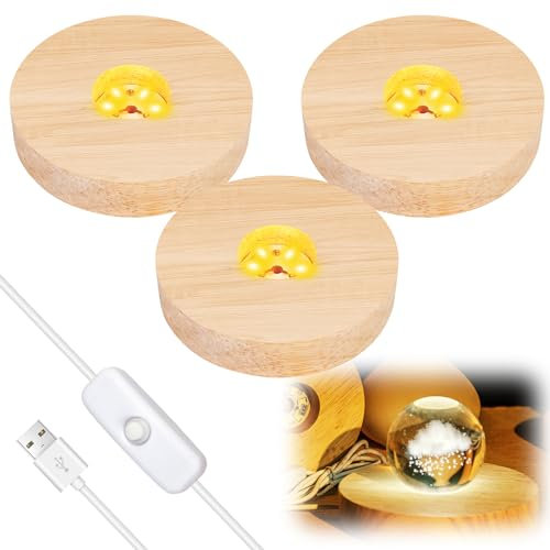 Vegena 3 Pièces Socle Lumineux Led Bois, Base Led Lumineuse Support LED avec Interrupteur Usb pour Affichage De Bureau Boule De Cristal Acrylique (10cm, Blanc Chaud)