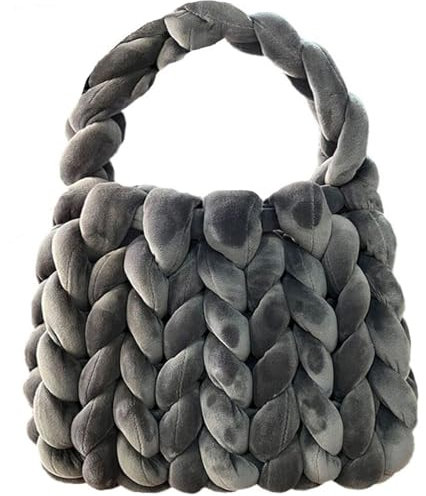 Handgewebte Umhängetasche für Frauen, gestrickte Tragetaschen, handgefertigte geflochtene Geldbörse, niedliche Puffy-Tasche für Herbst und Winter, GRAU, Medium
