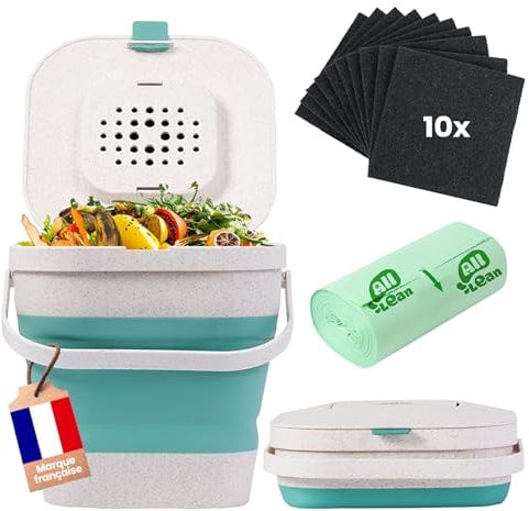 Composteur de Cuisine sans Odeur avec 10 Filtres à Charbon - Poubelle à Compost 4L pour Cuisine & Appartement – Kit avec Seau + 10 Filtres Anti-Odeur + 25 Sacs Poubelle + Guide Compost (Verte)