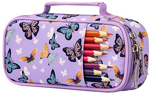 Choco Mocha Federmäppchen Mädchen - Federmappe, Federmäppchen Kinder, Schulmäppchen & Federtasche - Große Federtasche mit Fächern für Mädchen, Kinder & Jungen, Lila Schmetterling