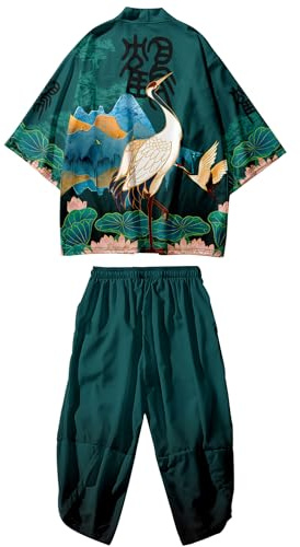 DOSLAVIDA Ensemble cardigan kimono japonais pour homme de style chinois - veste et pantalon imprimés, devant ouvert, manches trois-quarts, haut et short, 3XL
