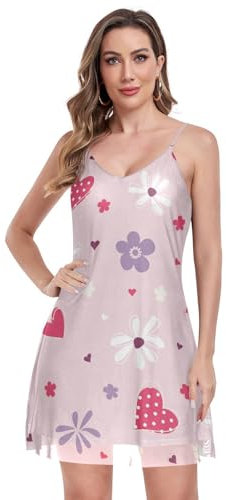 GuoChe Abito estivo da donna casual San Valentino fiori rosa pastello cuori senza maniche regolabile spaghetti schiena scoperta, San Valentino Rosa Pastello Fiori Cuori, Large