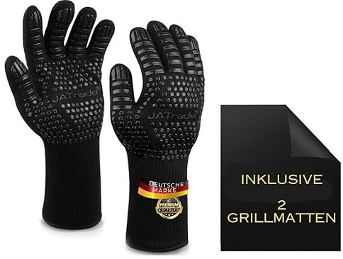 JATrade® Premium Grillhandschuhe mit 2X Grillmatten, Back- & Ofenhandschuhe extrem hitzebeständig, Kaminhandschuhe feuerfest für Grill Dutch Oven Smoker Feuerschale, BBQ Zubehör Geschenk, Gr. L/XL
