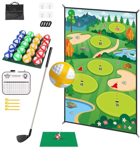Golf Teing Game with 2 Clubs, 70 x 70 Inch Practice Mat Indoor Outdoor for Children Adults Family, with 20 Balls and 1 Score Board Golf Set