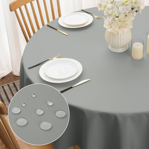 Softalker Tischdecke Rund 200 cm Abwaschbare Tischtuch aus 210 GSM Polyester Wasserabweisend und Fleckschutz Pflegeleicht Tischdecken Abwischbare Grau Deko Holztisch Outdoor Geburtstags Party Esstisch