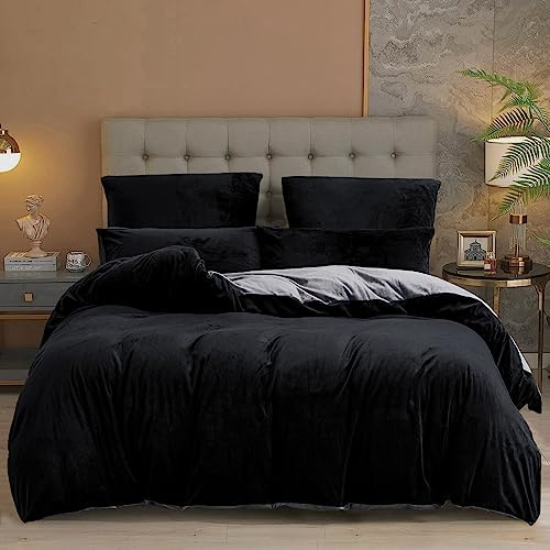 YASMENG Housse de Couette Flanelle 240x260 Hiver Chaude Noir Gris Polaire Parure de Lit Flanelle Doux Douillet Duveteux Linge de Lit 2 Personne avec Fermeture Éclair et Taies d'oreiller 65x65 cm